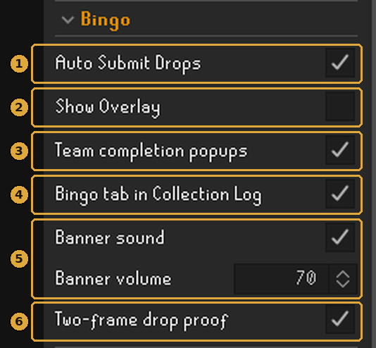The Bingo section of the plugin config with each setting boxed and numbered