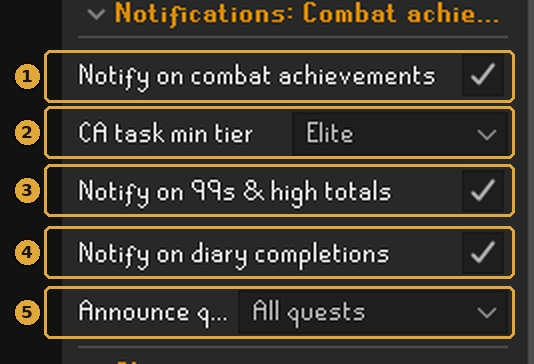 The Combat achievements notification section with each setting boxed and numbered