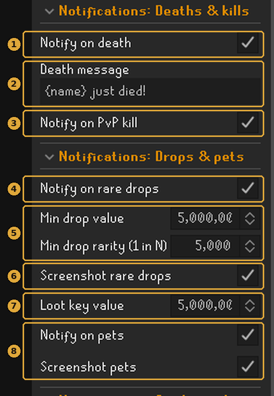 The Deaths and kills and Drops and pets notification sections with each setting boxed and numbered