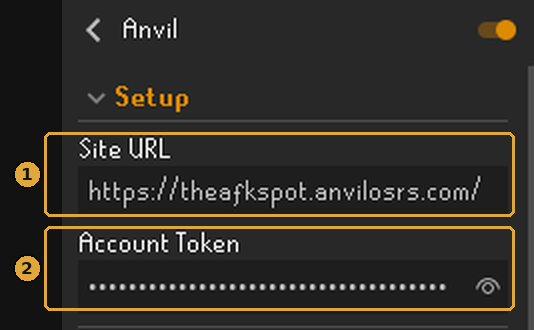 The Anvil plugin's Setup section, with the Site URL and Account Token fields boxed